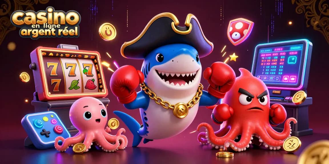 Profitez du casino en ligne argent réel avec un requin pirate cool et une pieuvre mignonne, rempli d'argent et de jeux.