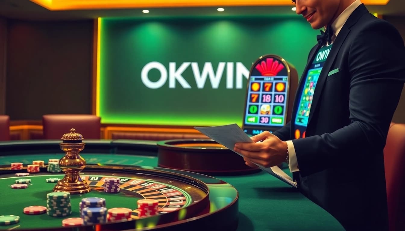 Experience high-stakes betting at OKWIN's luxurious casino, featuring vibrant poker chips and a roulette wheel.