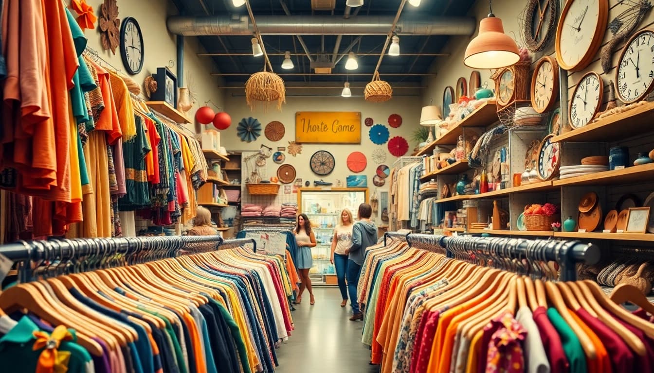Discover unique treasures at a vibrant thrift store filled with colorful vintage items and warm ambiance.