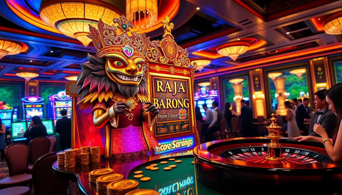 Players trying their luck at a Raja Barong-themed casino slot machine with vibrant visuals.
