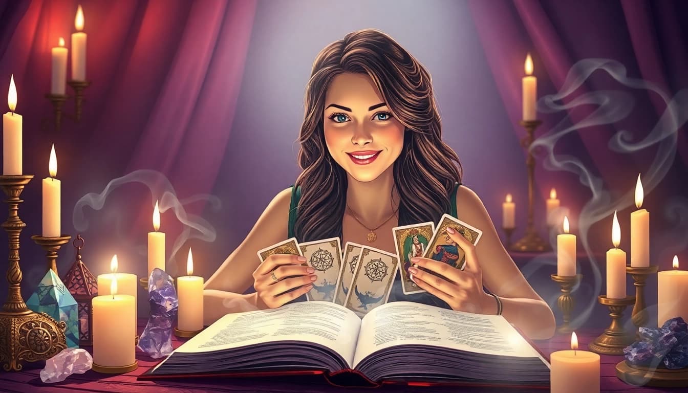 Intuitive reader offering insights at https://julielynn.co in a tranquil, magical setting.