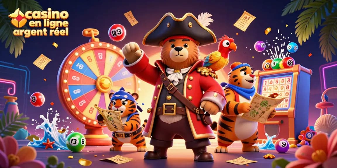 Célébrez le plaisir du jeu avec un ours pirate et un tigre dans cette illustration dynamique de casino en ligne argent réel