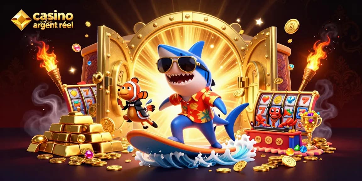 Plongez dans l'univers du casino en ligne argent réel avec un requin festif et des personnages marins.