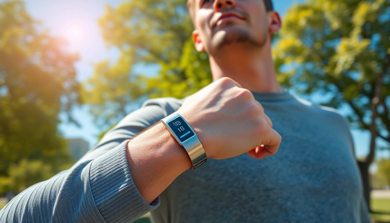 Engaged individual showcasing the Ringconn fitness tracker during outdoor exercise.