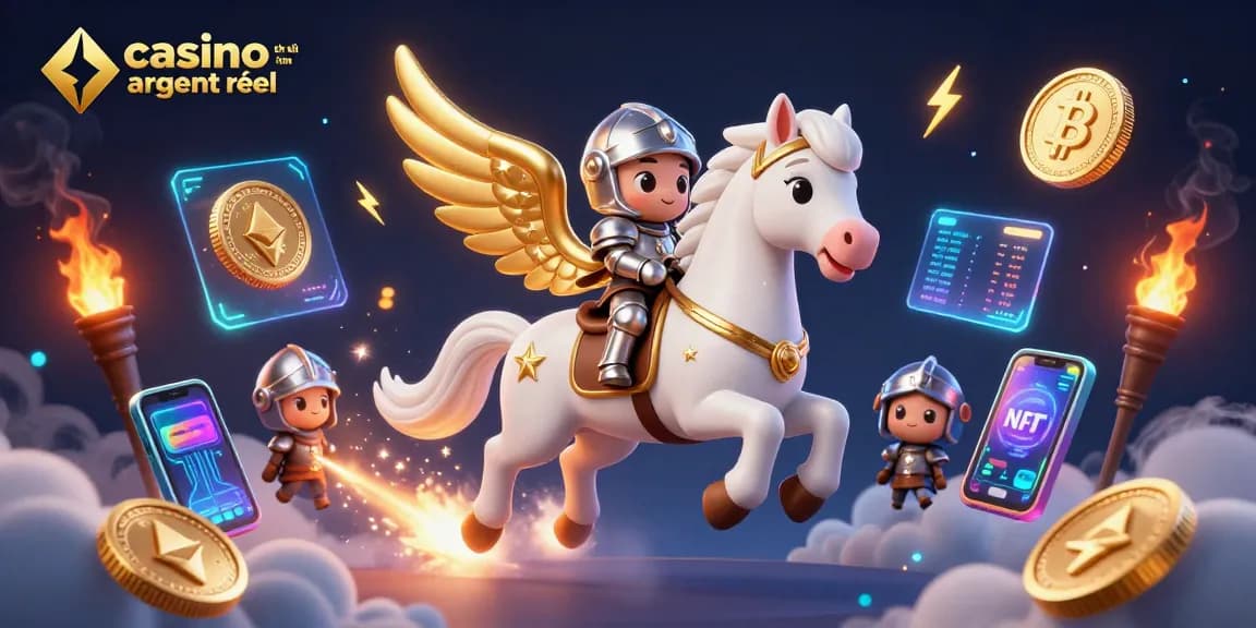Jouez au casino en ligne argent réel avec une illustration d'un cheval céleste et des éléments de crypto-monnaies.