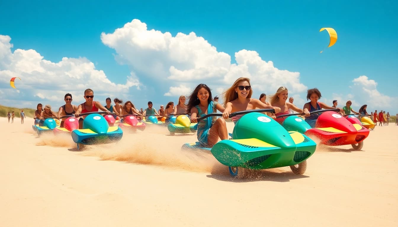 Ervaar blokarten met https://www.blokartschool.nl op een zonnige strandlocatie met enthousiaste deelnemers.