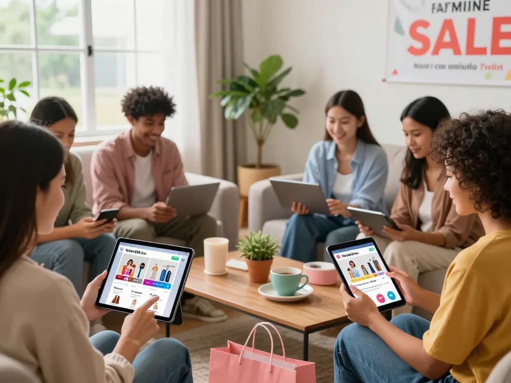 Engaged online shoppers browsing https://hubet88.icu/ in a cozy living room, showcasing vibrant products and a warm atmosphere.