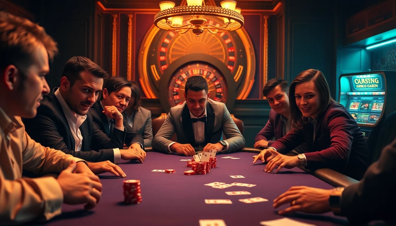 Engaged players enjoying high-stakes poker at Fun88 casino, showcasing excitement and luxury.