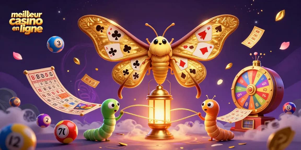 Le meilleur casino en ligne avec un papillon 3D doré et des jeux de loterie dynamiques dans une scène colorée.