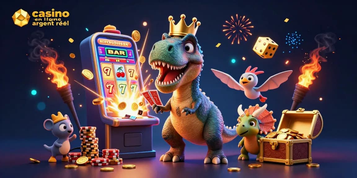 Gagnez avec des jeux au casino en ligne argent réel dans une scène festive de dinosaures.