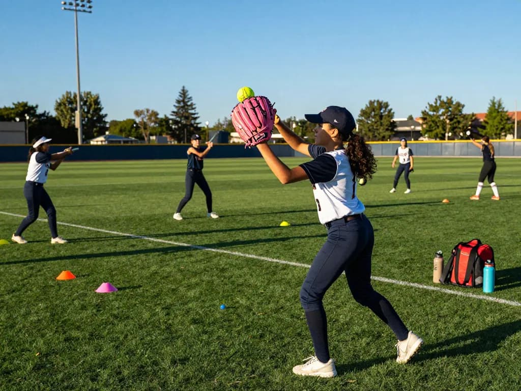 Young player catching a softball with stylish softball gloves during practice.