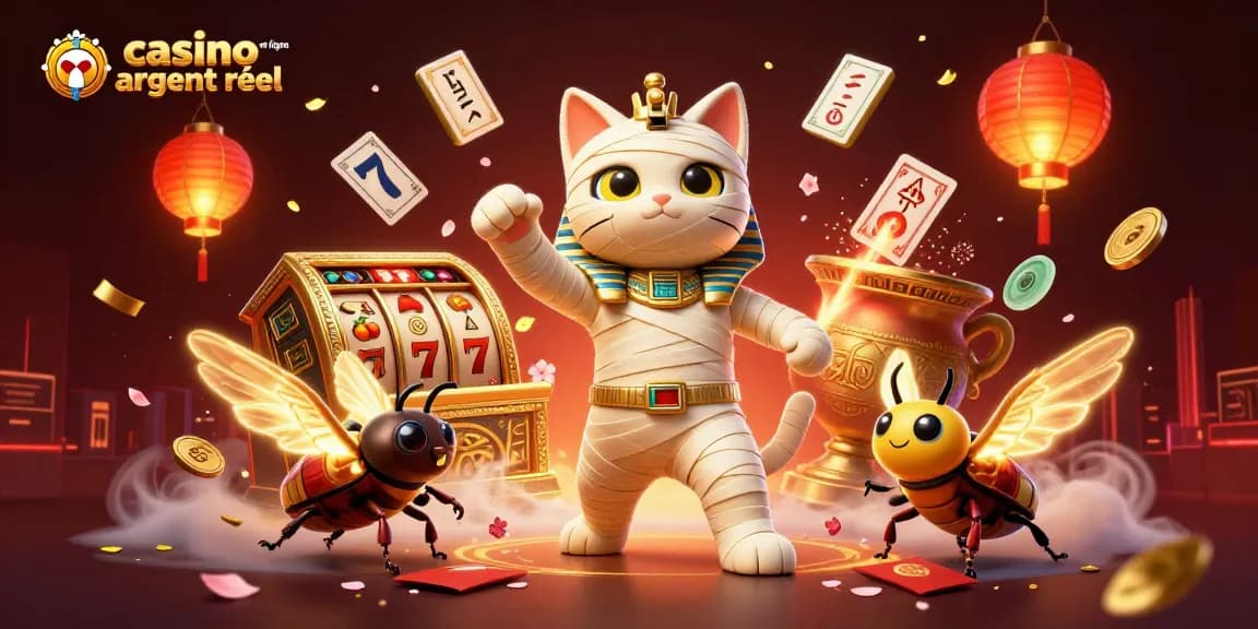 Visualisez le casino en ligne argent réel avec un chat momifié et des éléments de jeu captivants.