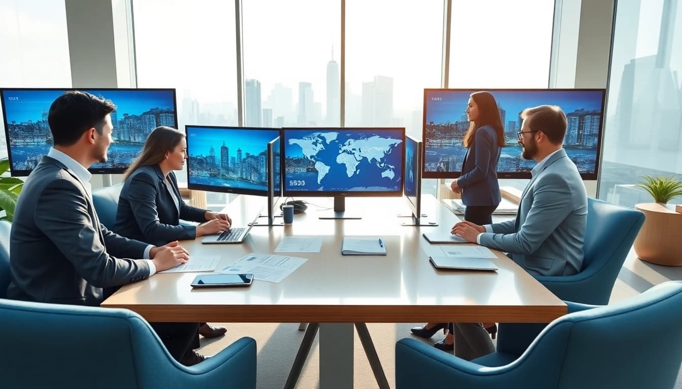 Showcasing international real estate websites strategies by professionals in a vibrant office