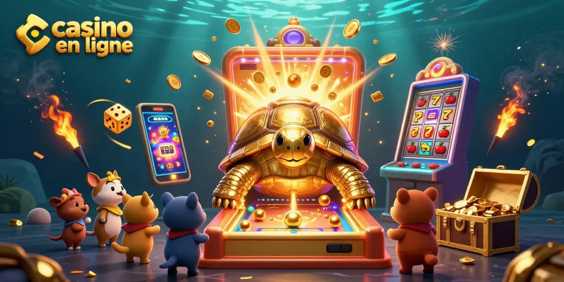 Jouez sur un casino en ligne avec des tortues dorées et des machines à sous animées.