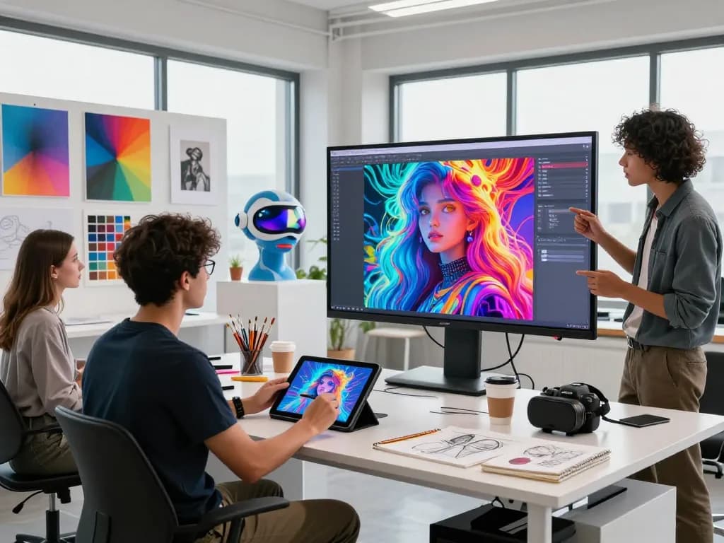 Diverse artists collaborating on AI-generated images in a dynamic digital studio.