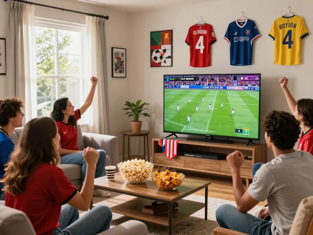 Cakhiatv live football match viewing party with friends in a vibrant living room.