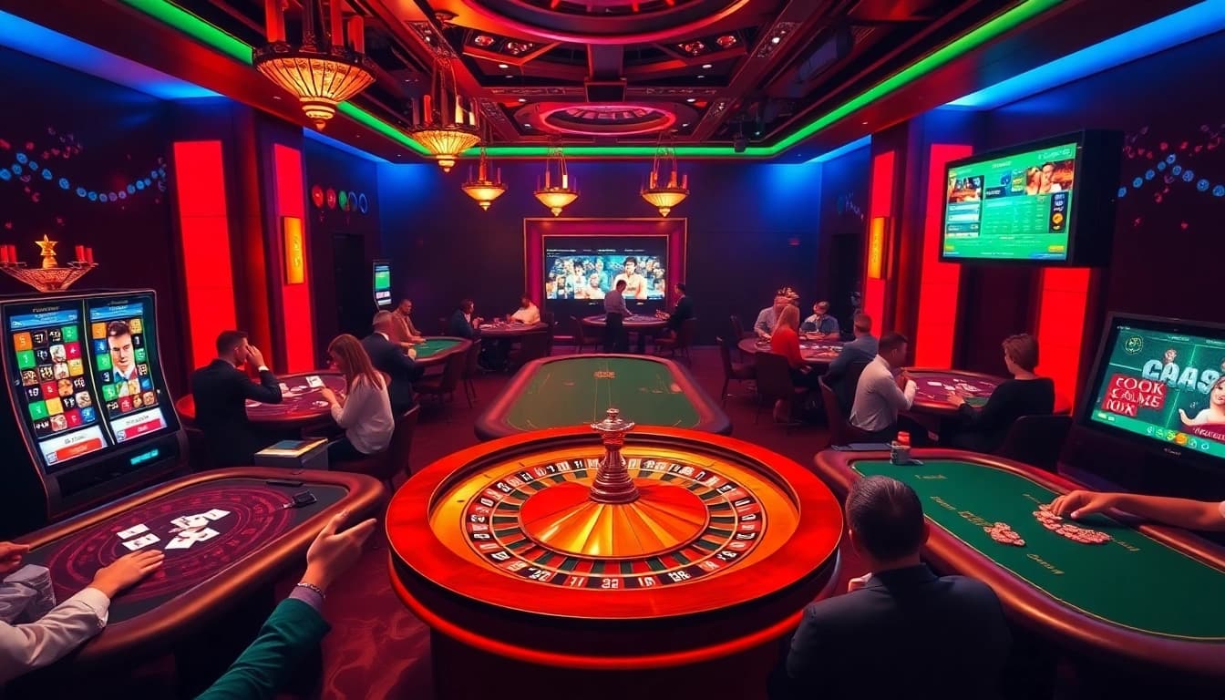 Joueurs profitant d'une expérience de casino en ligne palpitante avec des jeux de poker et de roulette.