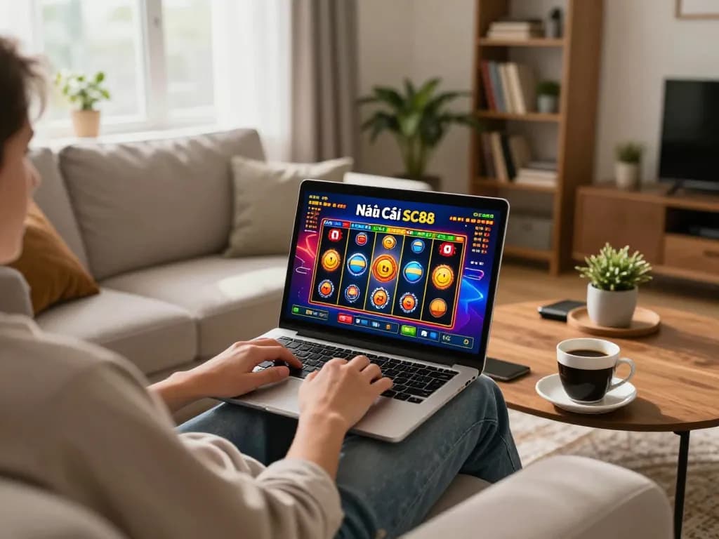 Experience Nhà Cái SC88 online gaming at home with engaging slot gameplay on a laptop