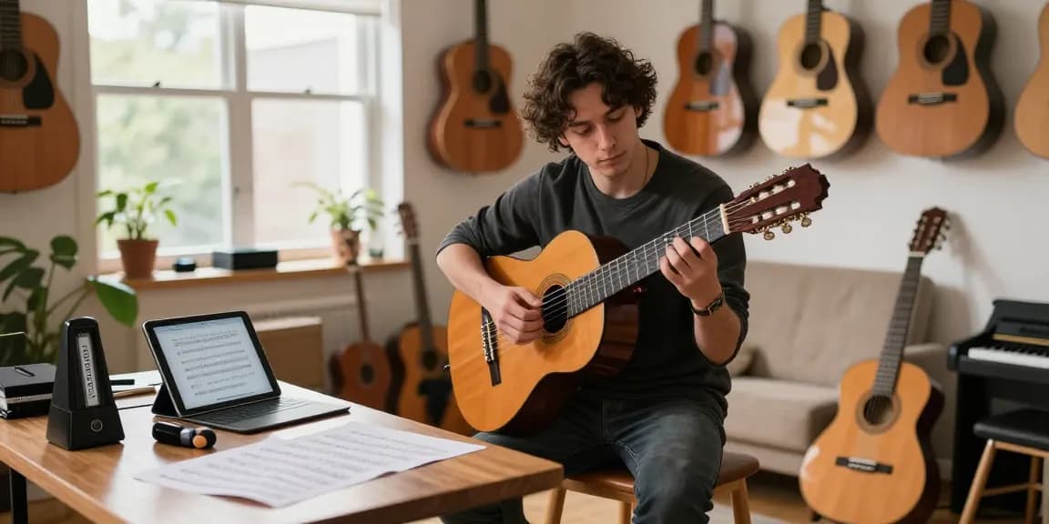 Engaging instructor demonstrating classical guitar lessons online in a cozy home studio.