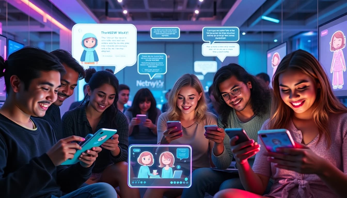 Engaged users exploring NSFW AI platforms with diverse characters and vibrant digital interfaces.