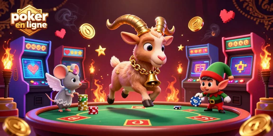 Jouez au poker en ligne avec des personnages 3D et des machines colorées dans un casino festif.