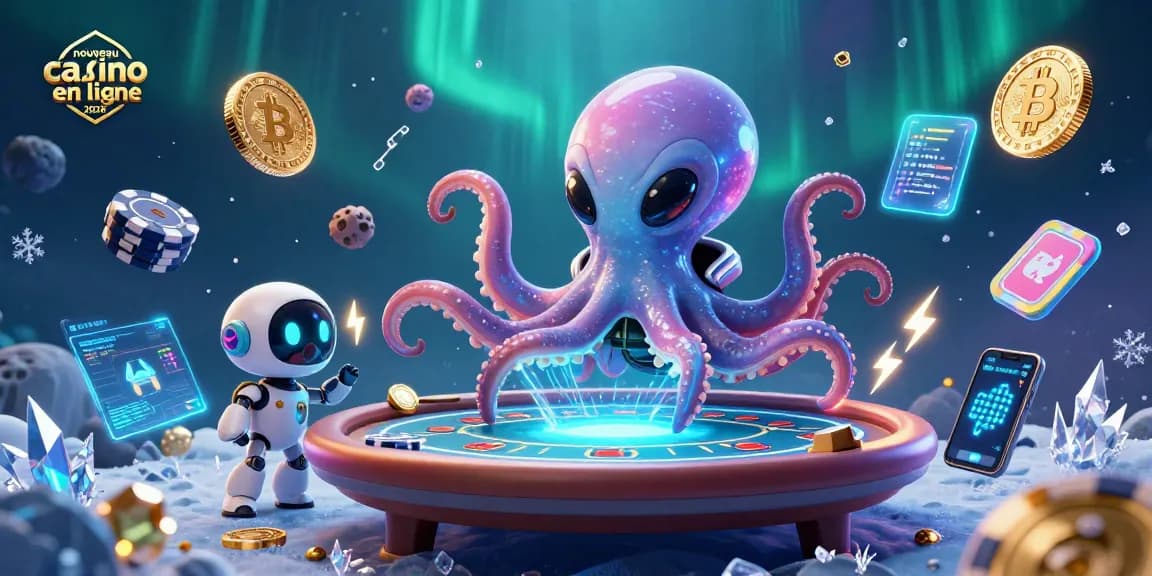 Une illustration d'un nouveau casino en ligne 2026 avec un poulpe extraterrestre et un robot jouant à une table de poker.