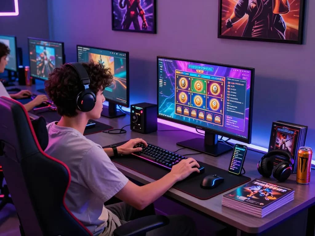 Engaging scene of online gaming with BAYITOTO slots and dynamic accessories.