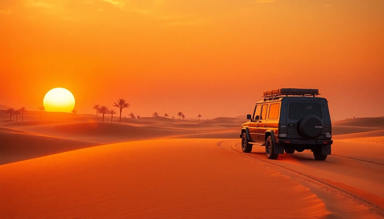 Experience the thrill of an evening desert safari dubai with a 4x4 navigating golden dunes at sunset.