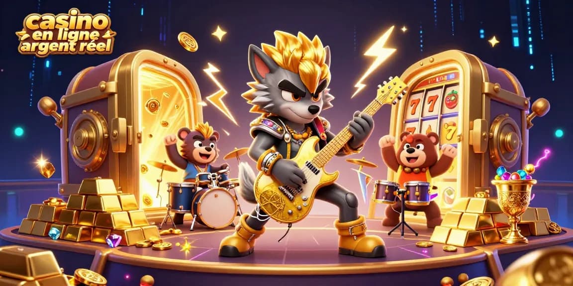 Illustration dynamique d'un casino en ligne argent réel avec un loup rock star et un ours batteur, entourés de trésors.