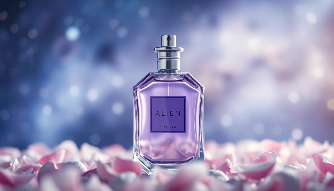 Captivating alien perfume bottle in a galaxy background, radiating elegance and mysticism.