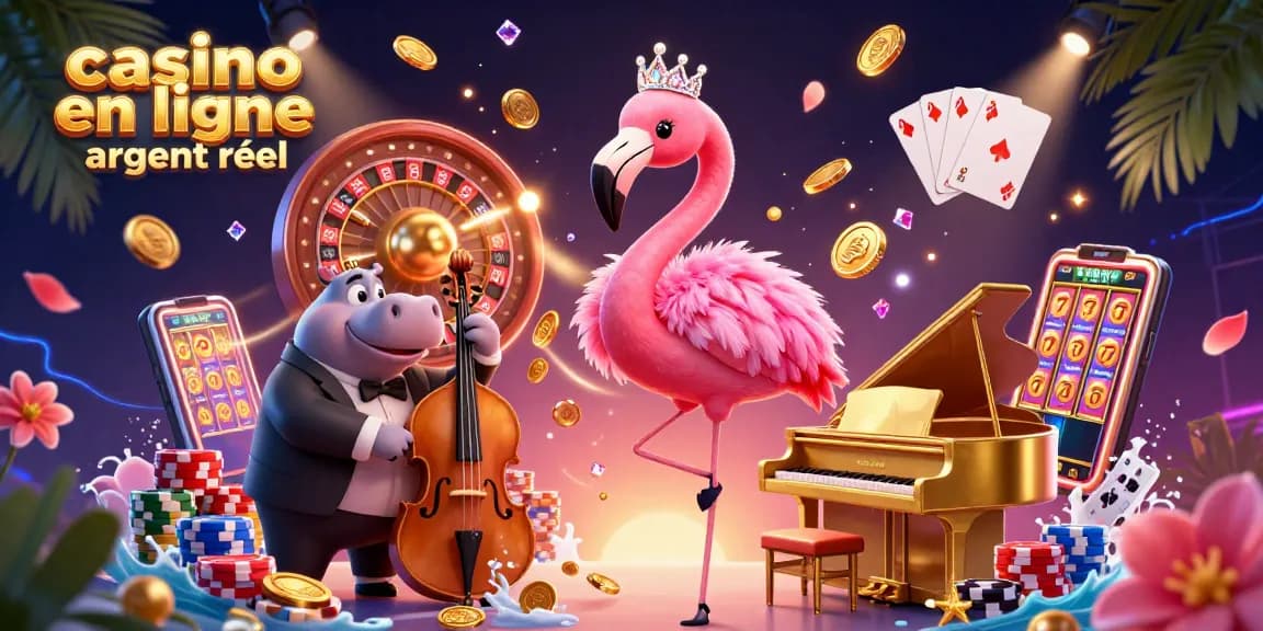 Un flamingo chanteur de casino en ligne argent réel anime une scène festive avec de l'argent qui vole.