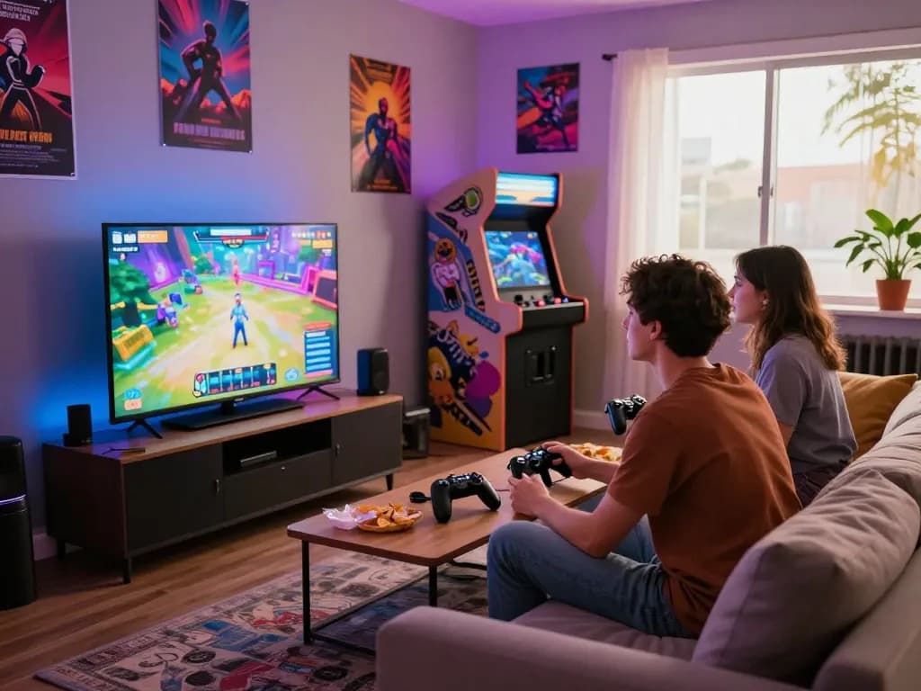 Play porn game online with friends in a vibrant gaming lounge.