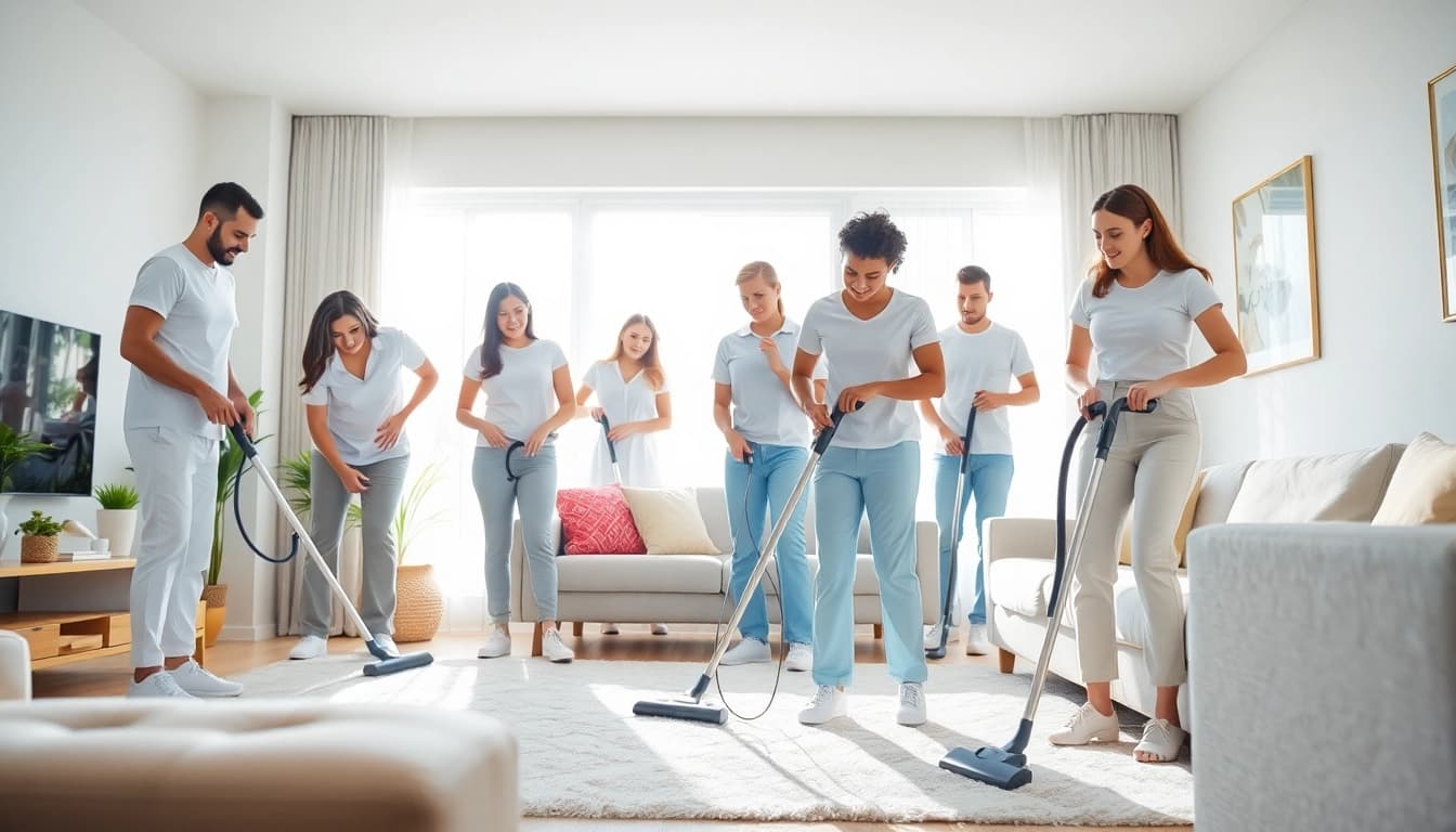 Cleaning service team professionally working in a bright, clean home environment to ensure customer satisfaction.