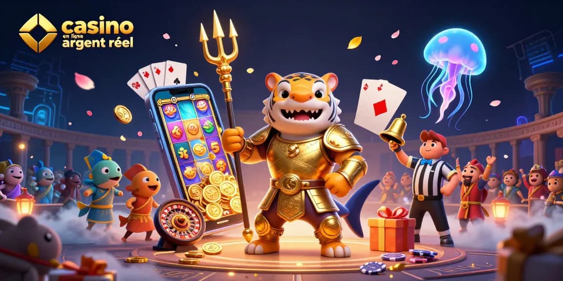 Illustration dynamique de casino en ligne argent réel avec requin tigre en armure dorée et des éléments de jeu.