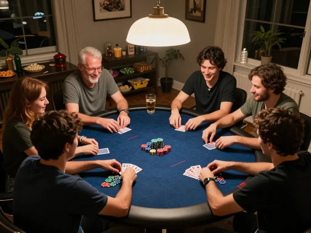 Engaged friends at home poker night celebrating 888now đăng nhập, showcasing dynamic gameplay and friendly competition.