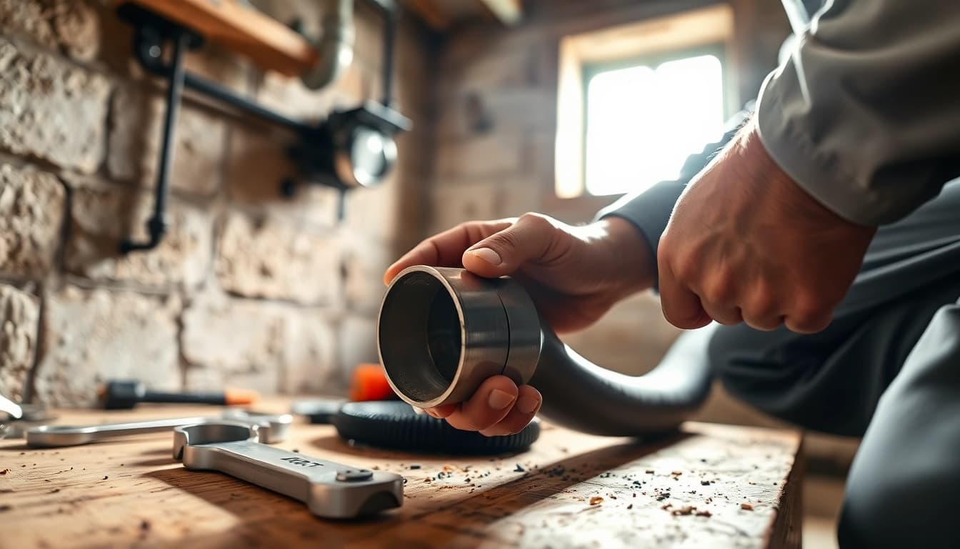 Skilled plumber conducting sewer repair raleigh in a well-lit basement with tools and pipes.