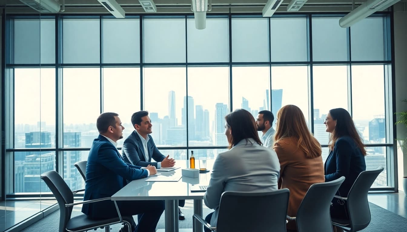 Collaborative business discussion at https://whatalker.com with diverse participants in a modern office.