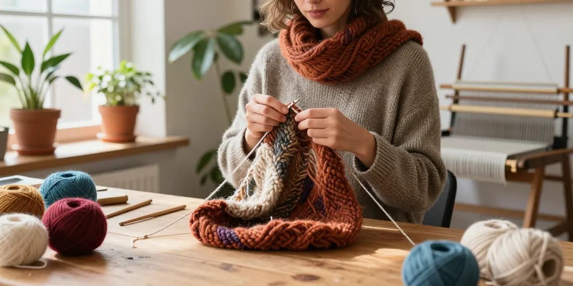 Artisan creating a unique merino wool scarf in a vibrant, natural light-filled studio.