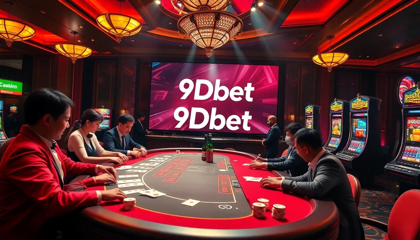 Players enjoying games at a stylish 9Dbet casino, featuring poker chips and interactive interfaces.