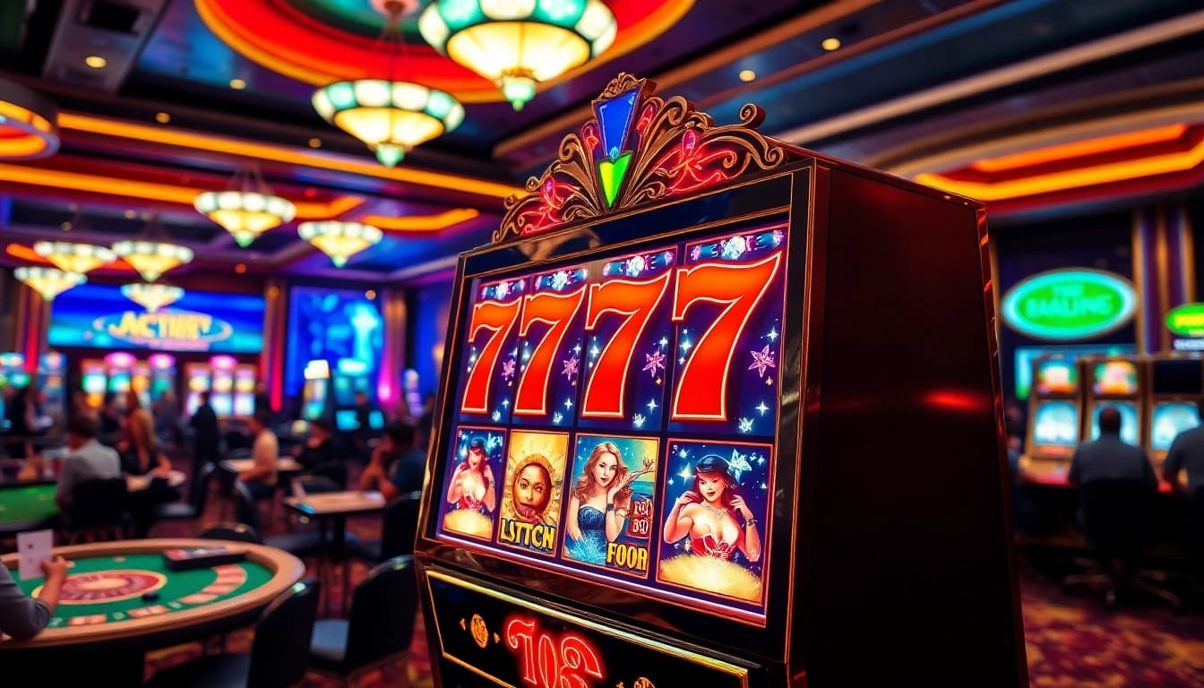 Exciting scene with slot 777 machine amidst busy casino players and vibrant gaming tables.