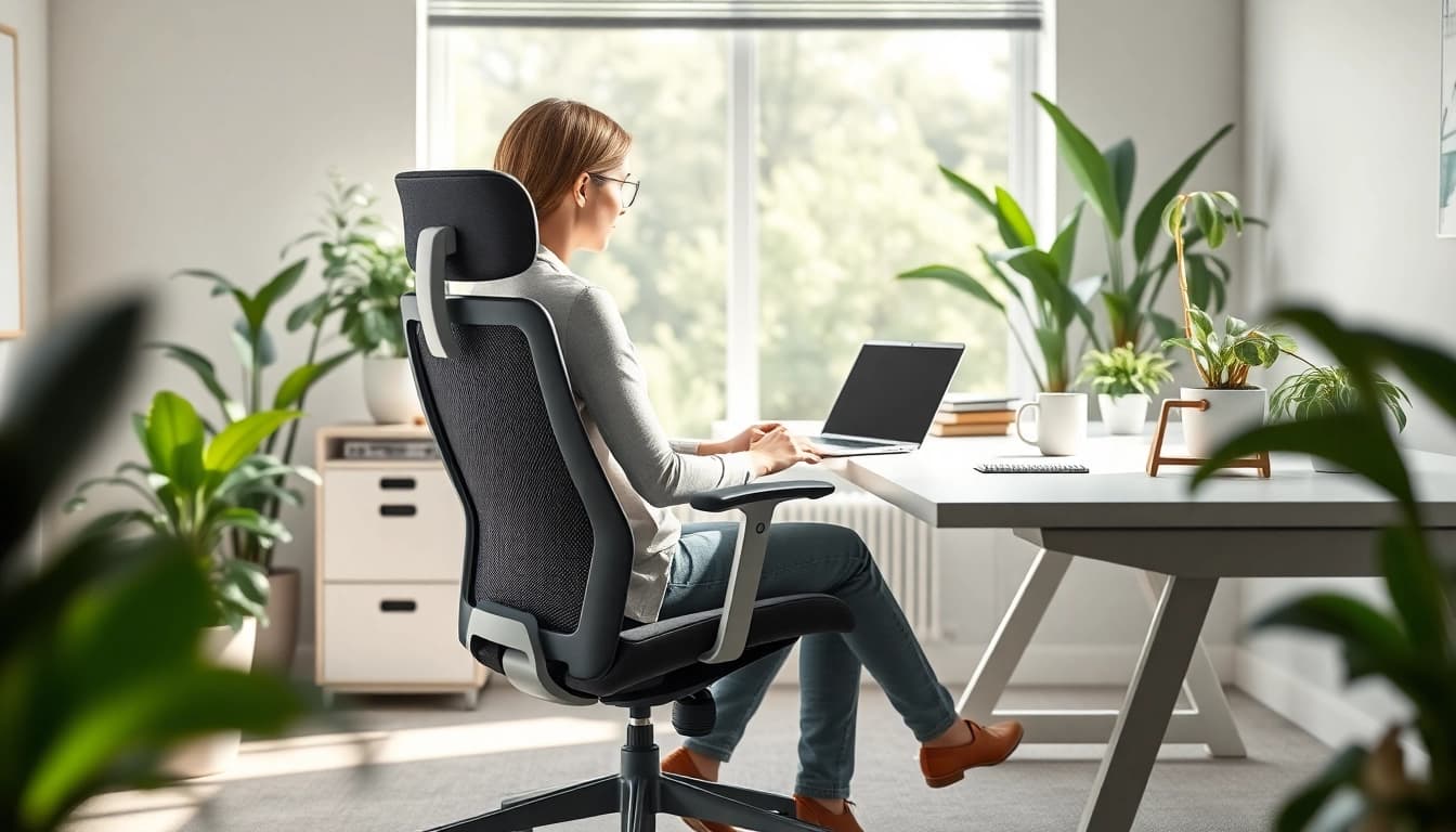 Enhance your posture support with this ergonomic office setup featuring a stylish chair.