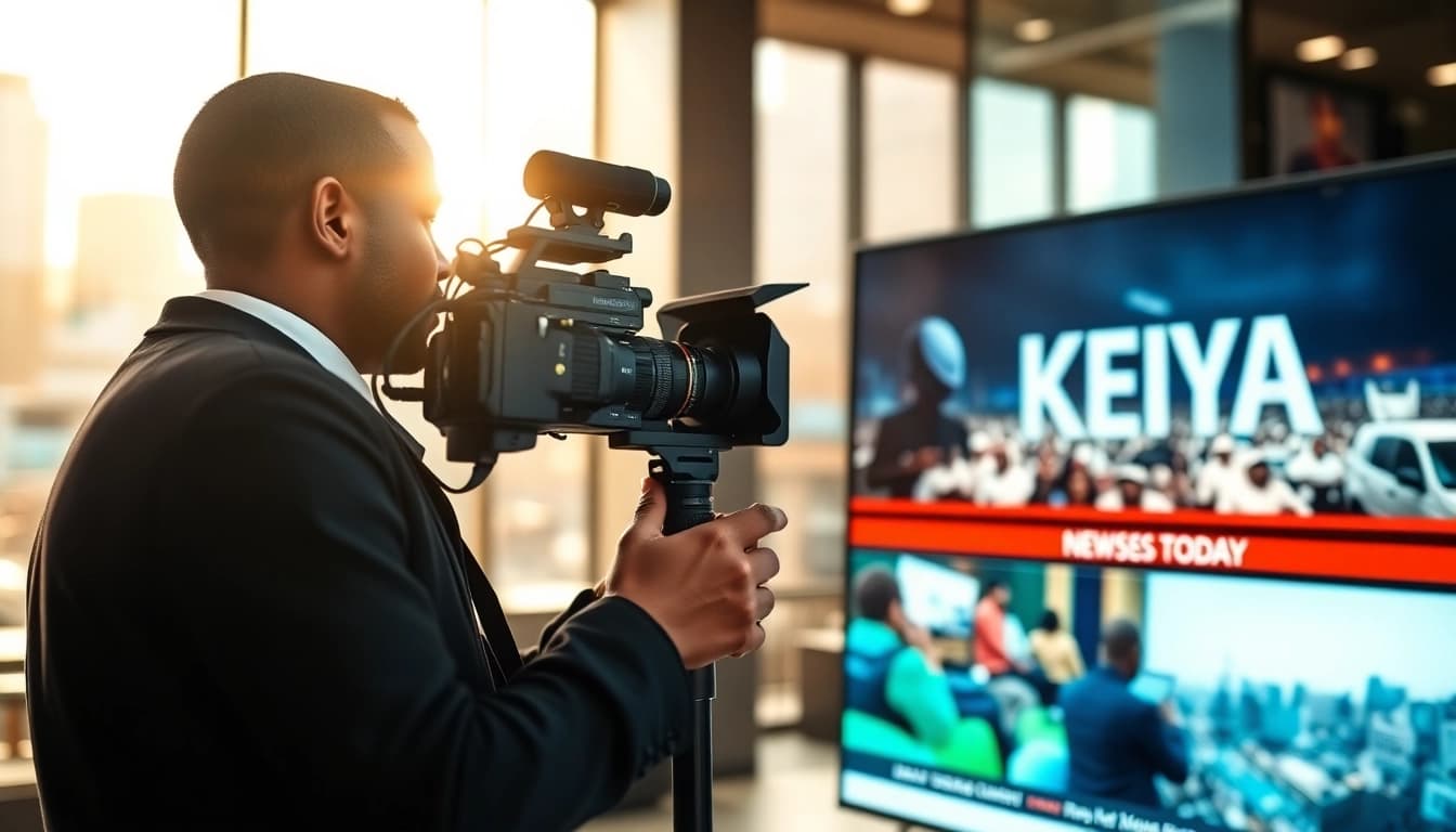 Engaging journalist reporting Kenya News Today from a busy newsroom.