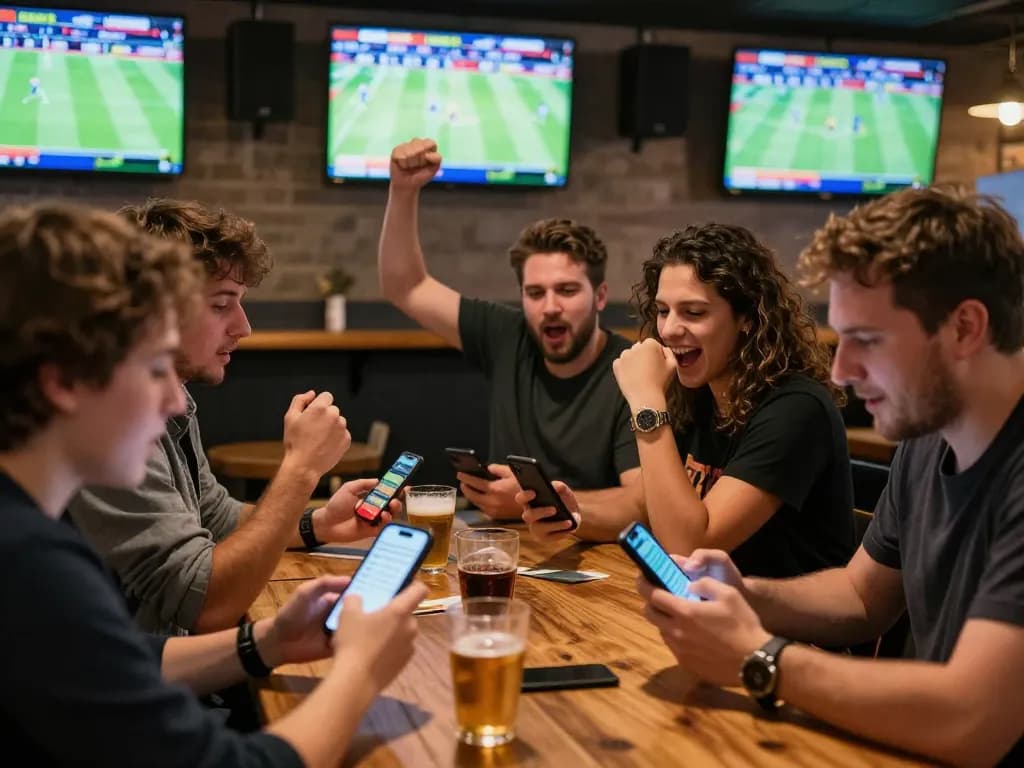 Engaged sports bettors utilizing apps for real-time updates on bong da lu, celebrating victories.