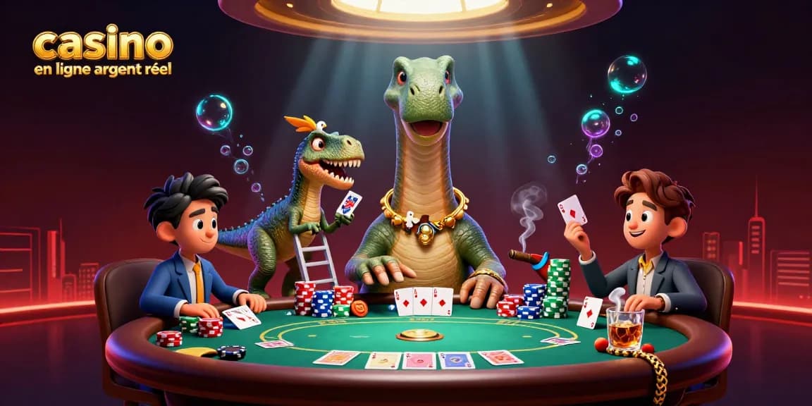 Visuel d'une illustration 3D captivante représentant un casino en ligne argent réel vibrant d'activité de poker