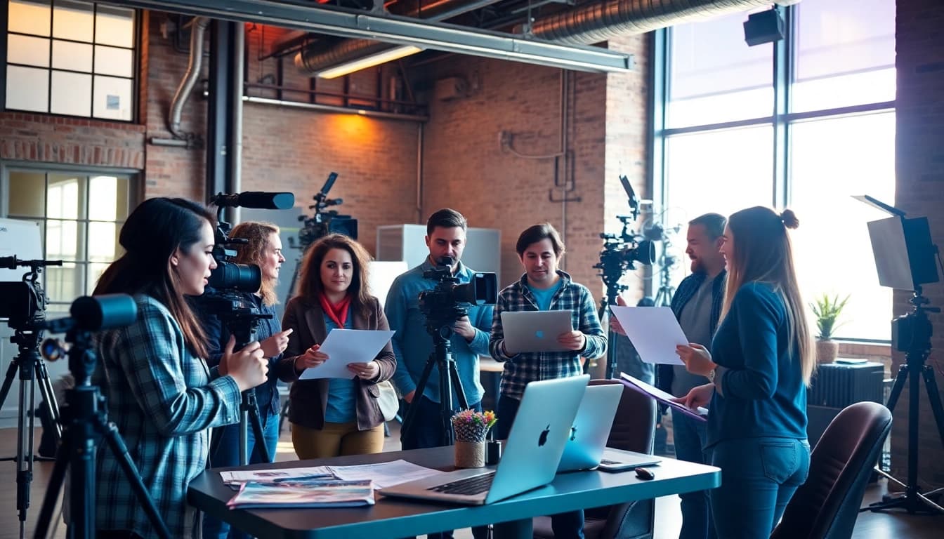 Collaborative video production Company Calgary team creating dynamic film content in a modern studio.