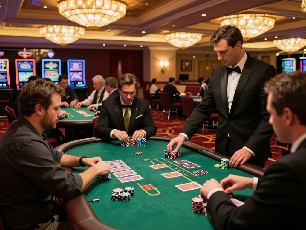 Pemain terlibat dalam strategi di meja blackjack 88Pulsa dengan pencahayaan kasino yang hangat.