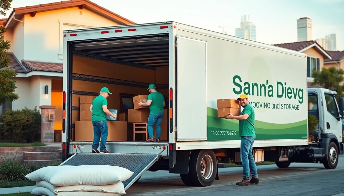 San Diego Moving and Storage: Professional movers packing items at a residential location.