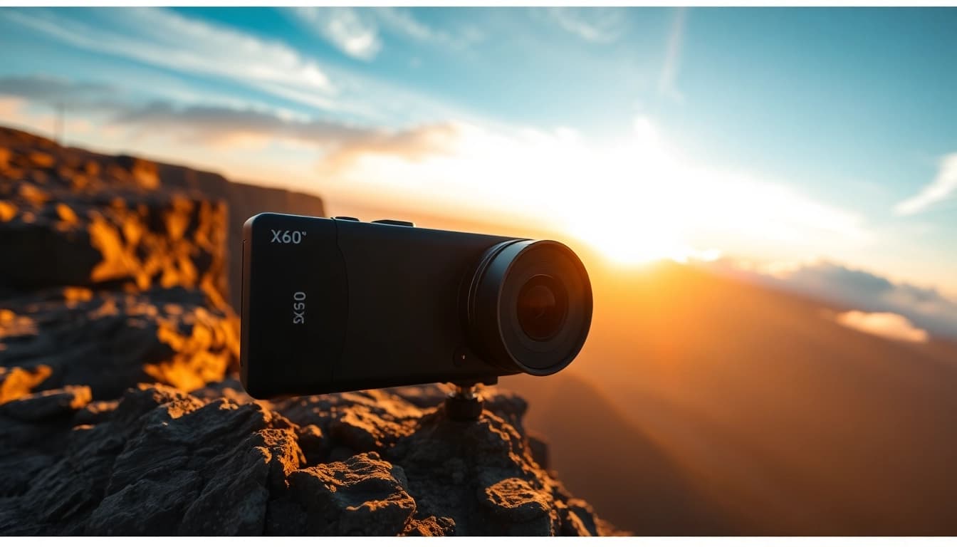 Capture the adventurous spirit with the Insta360 X5 camera in a scenic sunset setting.