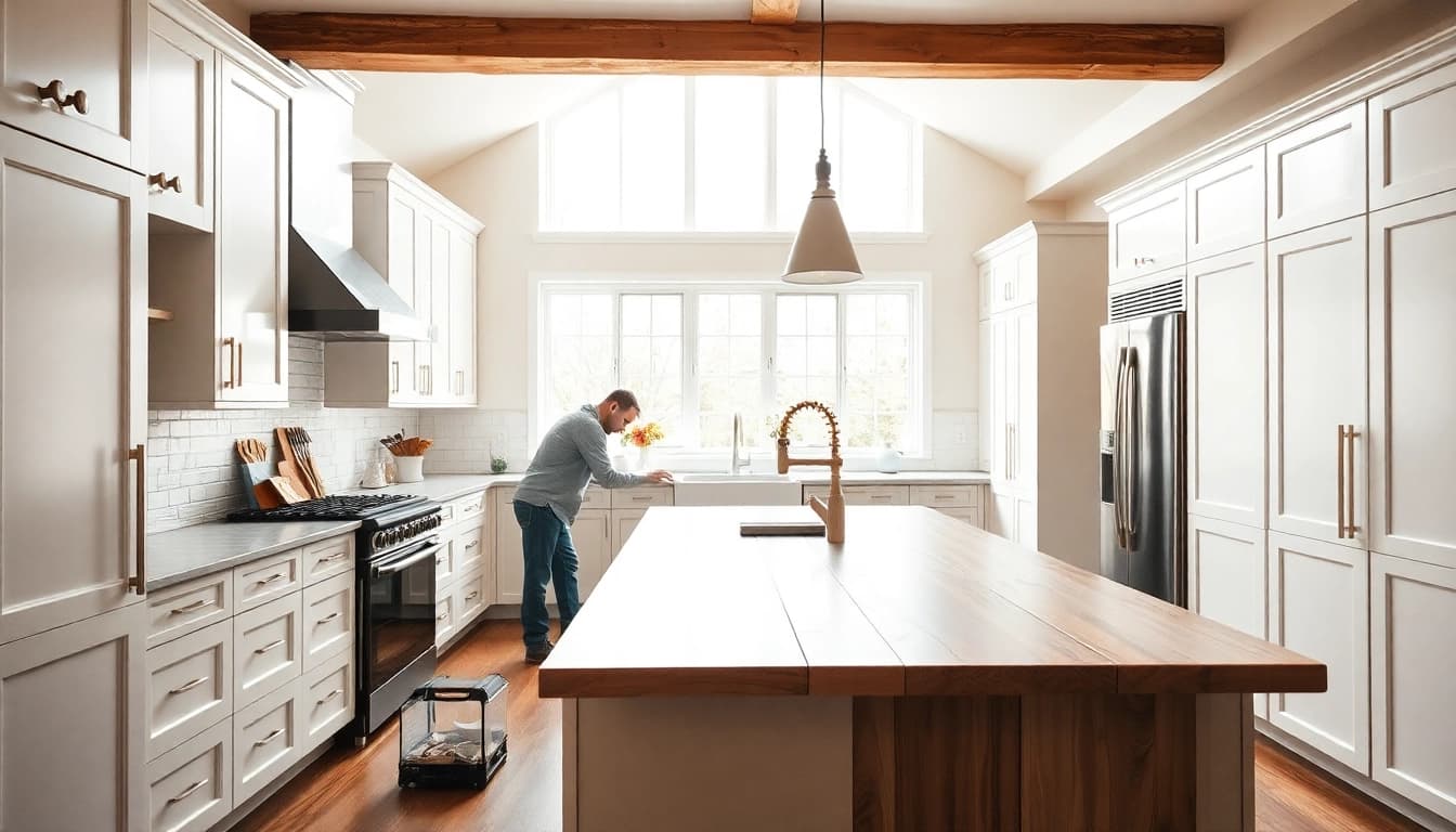 Showcasing a detailed home renovation project in a stylish kitchen, emphasizing upgrades and craftsmanship.