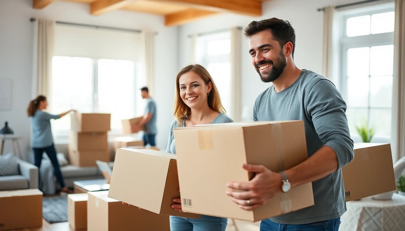 Long distance movers helping a family pack boxes in a bright living room, ensuring a smooth relocation.